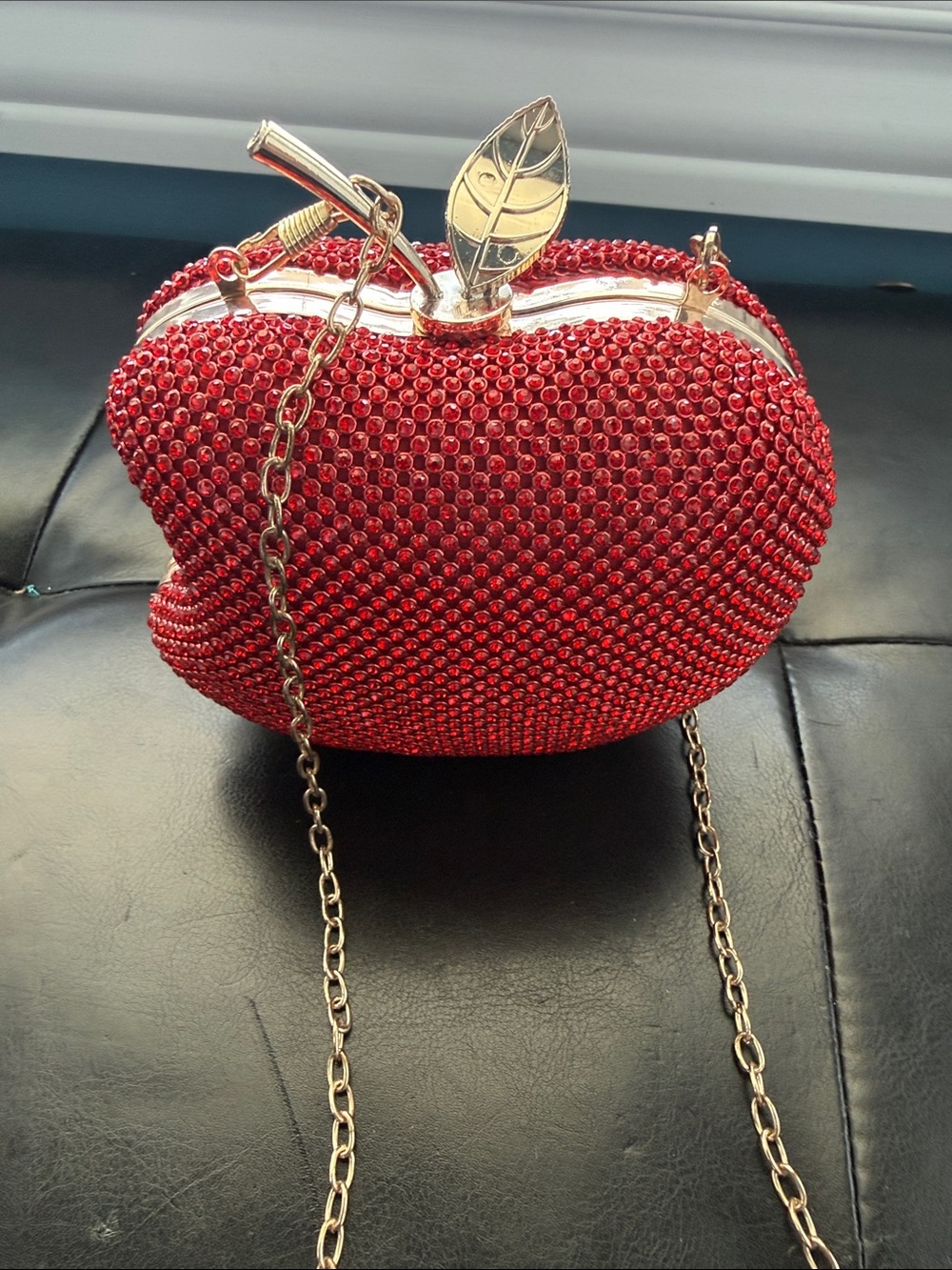 Red Crystal Apple-Shaped Evening Clutch with Gold Chain